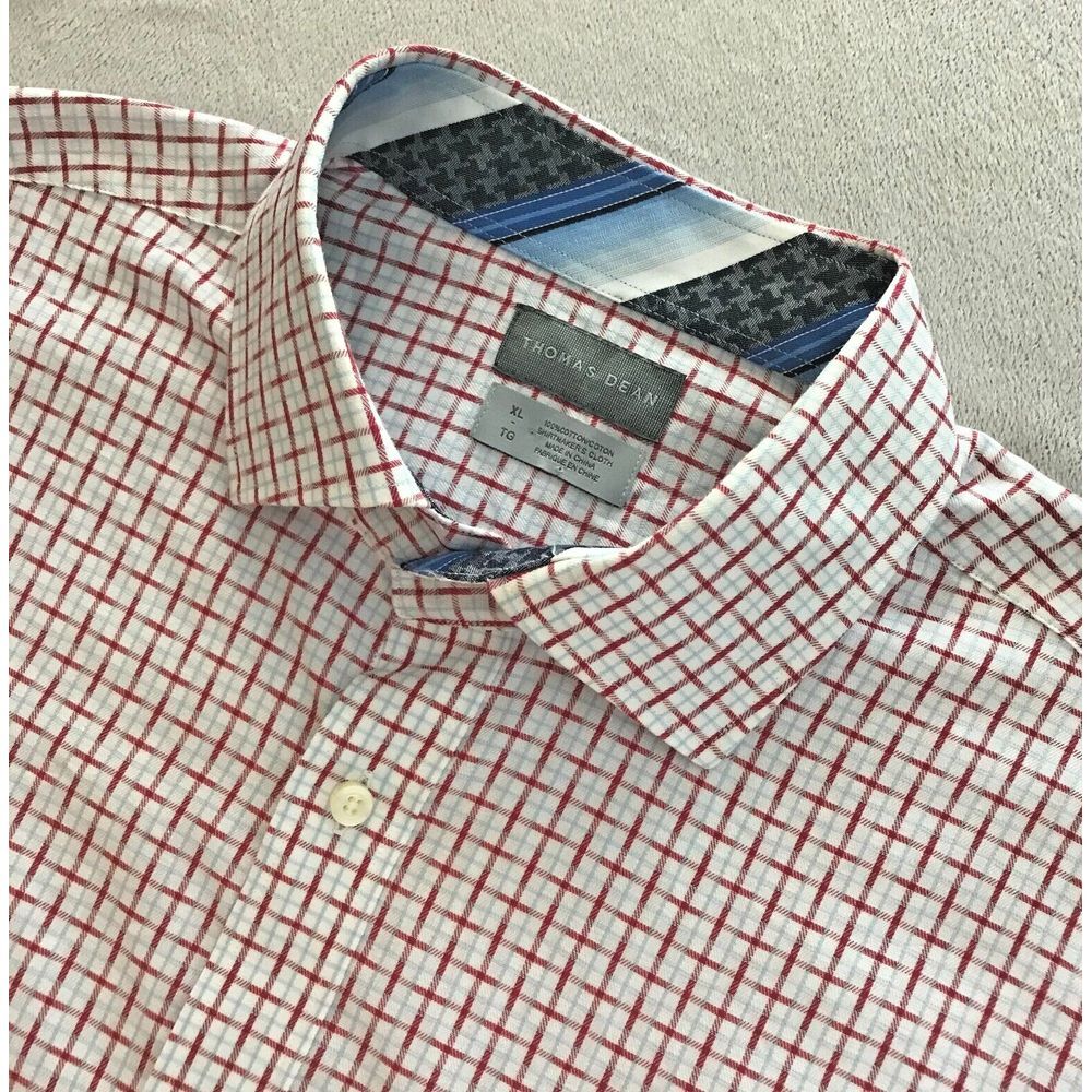 Thomas Dean‎ Button Up Shirt Mens XL Flip Cuff Check Long Sleeve 100% Cotton